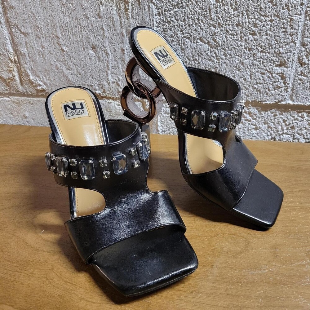ninety union chrome black leather mules pumps with silver rhinestone embellishme